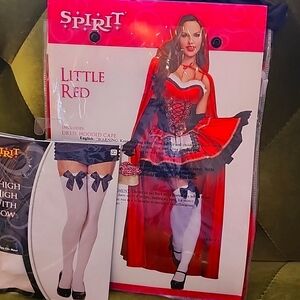 Spirit Halloween Little Red costume includes dress hood and separate tights
